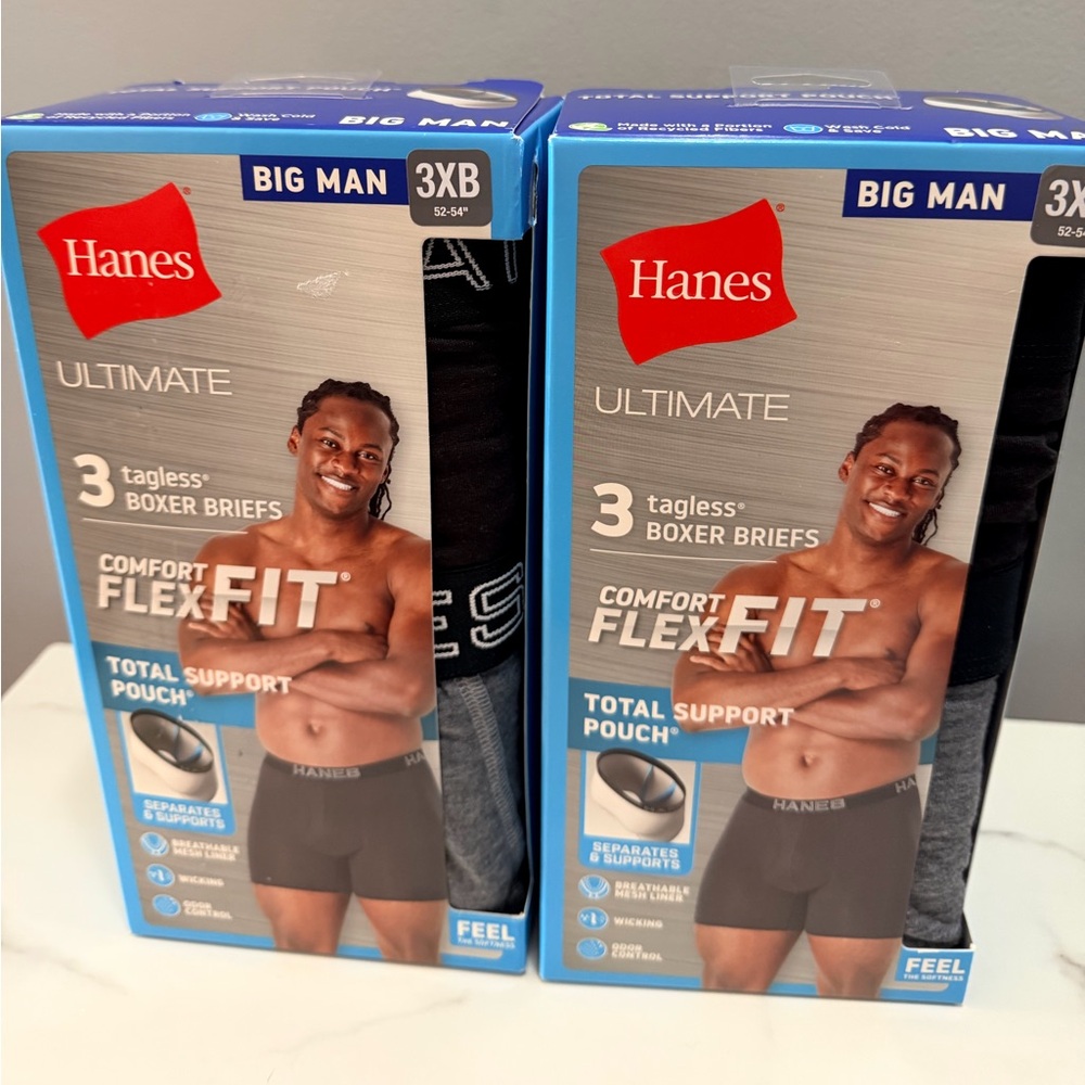 Hanes Ultimate Comfort FlexFit two 3-Pack Black Boxer Briefs - Big Man 2XB